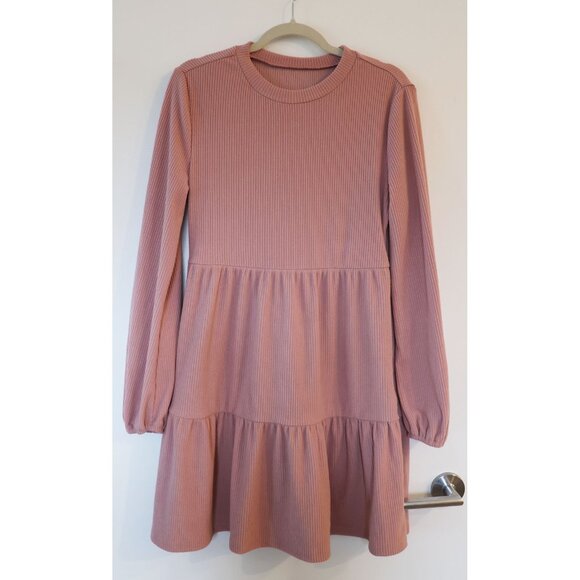 Rib Knit Tiered Babydoll Dress Pink L - Picture 3 of 3